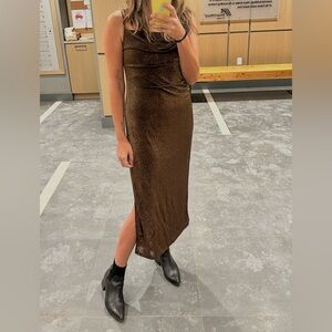 Elegant Bronze Gold Shimmer Metallic Midi Dress